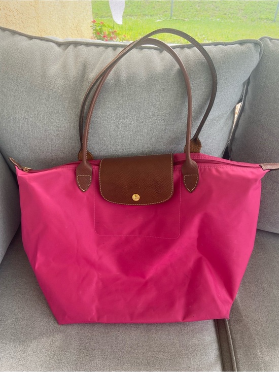 Longchamp Handbags - Longchamp Le Pliage Original large pink Nylon Tote with Brown Leather Trim